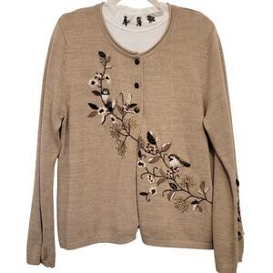 Christopher & Banks 2-Piece Embroidered Bird Cardigan Sweater Set XL Beige NWT